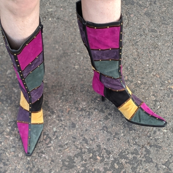 Vintage Patchwork Rainbow Clown Style Calf High Boots - Size 9.5W - Picture 1 of 8